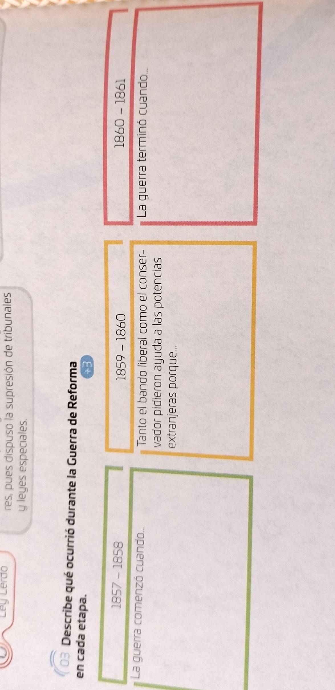 Lerdá 
res, pues dispuso la supresión de tribunales 
y leyes especiales. 
Describe qué ocurrió durante la Guerra de Reforma 
en cada etapa.
1857-1858
1859-1860
1860-1861
La guerra comenzó cuando... Tanto el bando liberal como el conser- La guerra terminó cuando... 
vador pidieron ayuda a las potencias 
extranjeras porque...