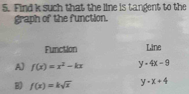 Find k such that the line is tangent to the 
graph of the function. 
Function Line 
A) f(x)=x^2-kx
y=4x-9
f(x)=ksqrt(x)
y=x+4