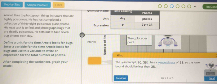 Step-by-Step Sample Problem Hints I'm Done
Quantity Nam
Arnold likes to photograph things in nature that are
highly poisonous. He has just completed a Un
collection of thirty-eight poisonous plant photos.
His next task is to find and photograph bugs that Expressio
are deadly poisonous. He sets out to take seven
4
bug photos each day. Then, plot your
Define a unit for the time Arnold looks for bugs. Intervall point.
Enter a variable for the time Arnold looks for
bugs and use this variable to write an
expression for the total number of photos. Hint
After completing the worksheet, graph your The y-intercept, (0,38) , has a y-coordinate of 38, so the lower
model. bound should be less than 38.
Previous Hint 2 of 3 Next