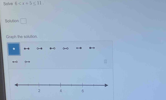 Solve 6 . 
Solution: □  
Graph the solution. 
. 
. 。