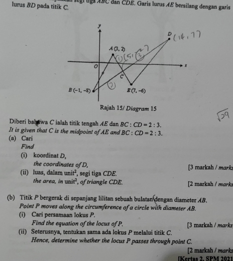 ul segl liga ABC dan ČDE. Garis lurus ÆE bersilang dengan garis
lurus BD pada titik C.
Rajah 15/ Diagram 15
Diberi bahawa C ialah titik tengah AE dan BC : CD=2:3.
It is given that C is the midpoint of AE and BC : CD=2:3.
(a) Cari
Find
(i) koordinat D,
the coordinates of D, [3 markah / mark
(ii) luas, dalam unit^2 , segi tiga CDE.
the area, in unit^2 , of triangle CDE. [2 markah / marks
(b) Titik P bergerak di sepanjang lilitan sebuah bulatan dengan diameter AB.
Point P moves along the circumference of a circle with diameter AB.
(i) Cari persamaan lokus P.
Find the equation of the locus of P. [3 markah / marks
(ii) Seterusnya, tentukan sama ada lokus P melalui titik C.
Hence, determine whether the locus P passes through point C.
[2 markah / mɑrks
[Kertas 2. SPM 2021