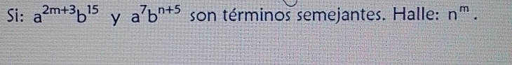 Si: a^(2m+3)b^(15) y a^7b^(n+5) son términos semejantes. Halle: n^m.