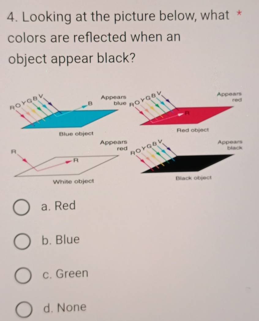 Looking at the picture below, what *
colors are reflected when an
object appear black?
blue RO YG8 
RO Y G B V
Appears Appears
B
red
A
Blue object Red object
Appears Appears
R
RO YGBk
red black
R
White object
Black object
a. Red
b. Blue
c. Green
d. None