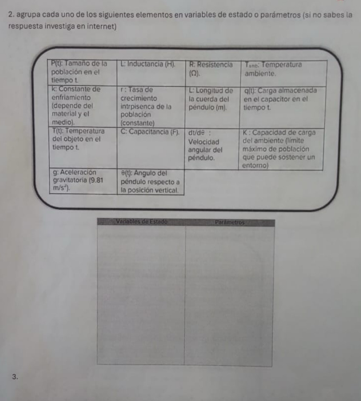 agrupa cada uno de los siguientes elementos en variables de estado o parámetros (si no sabes la
respuesta investiga en internet)
Variables de Estado Parâmetros
3.