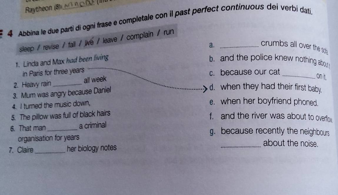 Raytheon (8)
4 Abbina le due parti di ogni frase e completale con il past perfect continuous dei verbi dati.
sleep / revise / fall / live / leave / complain / run
a._
crumbs all over the so .
1. Linda and Max had been living b and the police knew nothing about 
in Paris for three years
c. because our cat
2. Heavy rain_ all week
_on it.
3. Mum was angry because Daniel
d. when they had their first baby.
4. I turned the music down,
e. when her boyfriend phoned.
5. The pillow was full of black hairs
f. and the river was about to overfloww
6. That man_ a criminal g. because recently the neighbours
organisation for years _about the noise.
7. Claire_ her biology notes