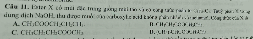 Ester X có mùi đặc trưng giống mùi táo và có công thức phân từ C_5H_10O_2. Thuỷ phân X trong
dung dịch NaOH, thu được muối của carboxylic acid không phân nhánh và methanol. Công thức của X là
A. CH_3COOCH_2CH_2CH_3. B. CH_3CH_2COOCH_2CH_3.
C. CH_3CH_2CH_2COOCH_3. D. (CH_3)_2CHCOOCH_2CH_3. 
ph ân bón và nuô