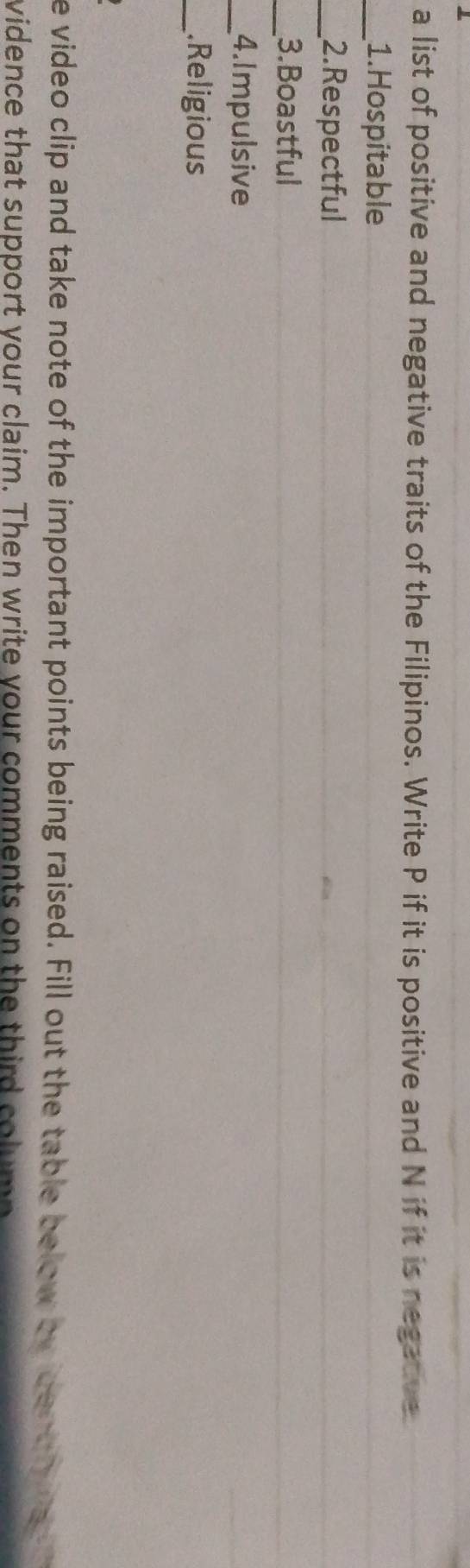 a list of positive and negative traits of the Filipinos. Write P if it is positive and N if it is negatue 
_1. Hospitable 
_2.Respectful 
_3.Boastful 
_4.Impulsive 
_Religious 
e video clip and take note of the important points being raised. Fill out the table below by identrin 
vidence that support vour claim. Then write your comments on the third colump