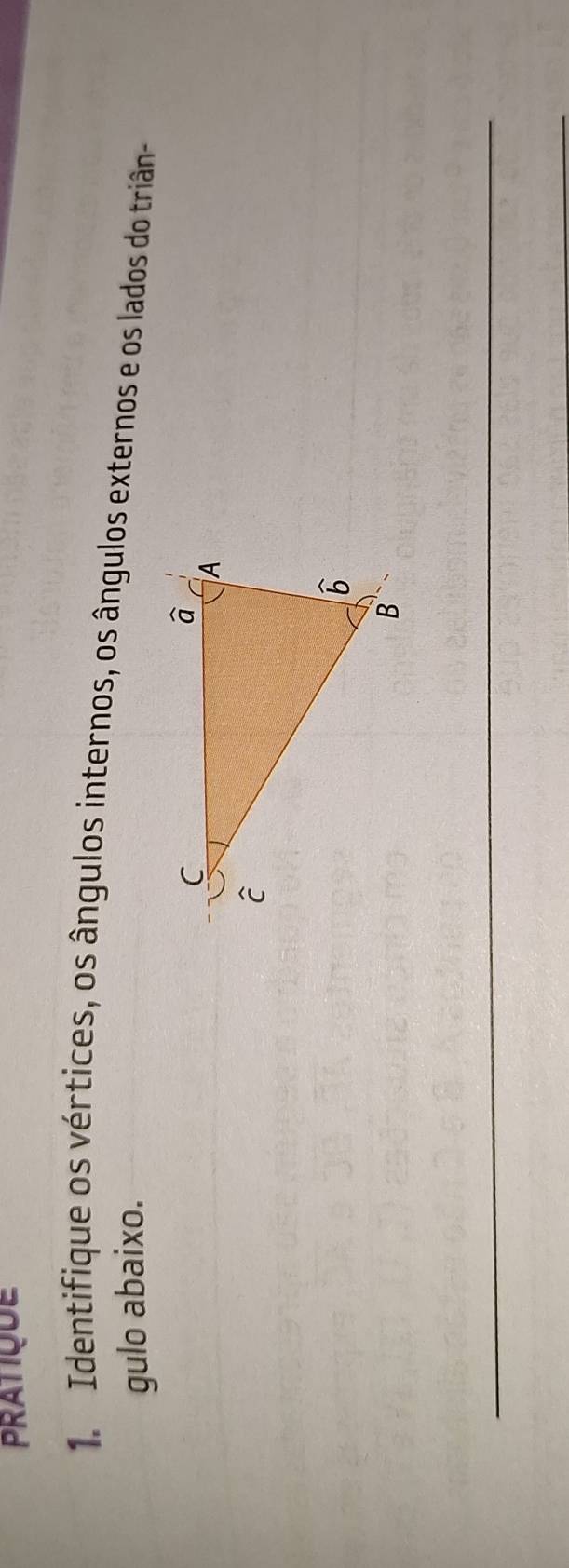 Identifique os vértices, os ângulos internos, os ângulos externos e os lados do triân-
gulo abaixo.
_
_
_
_