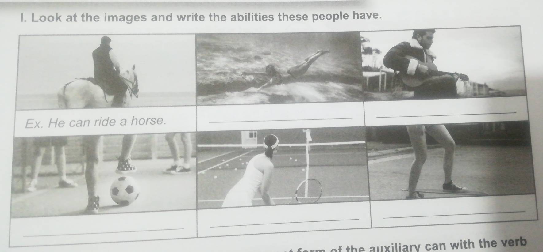 Look at the images and write the abilities these people have. 
rm of the auxiliary can with the verb