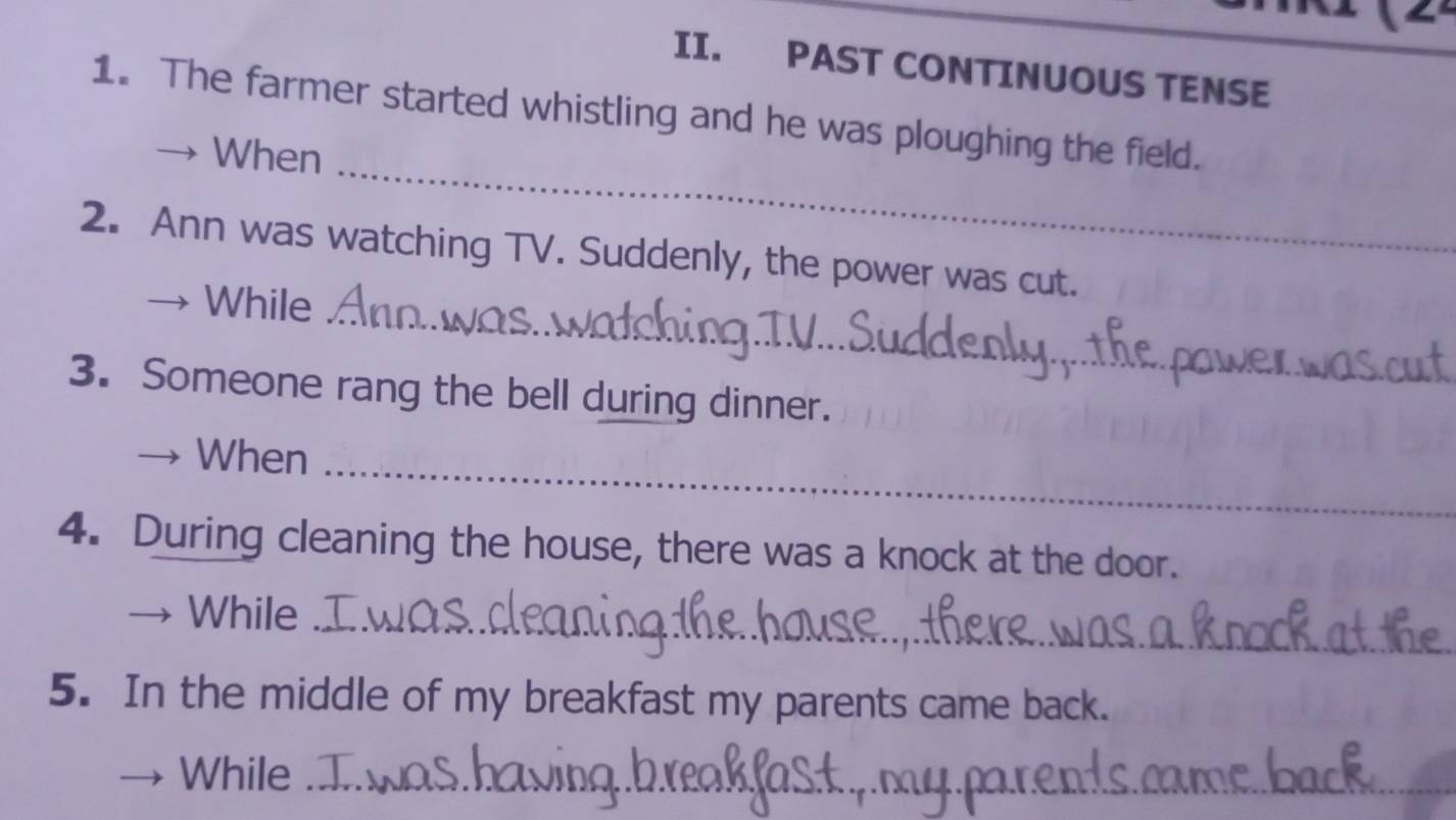 PAST CONTINUOUS TENSE 
1. The farmer started whistling and he was ploughing the field. 
When 
_ 
2. Ann was watching TV. Suddenly, the power was cut. 
While_ 
3. Someone rang the bell during dinner. 
When_ 
4. During cleaning the house, there was a knock at the door. 
While_ 
5. In the middle of my breakfast my parents came back. 
While_