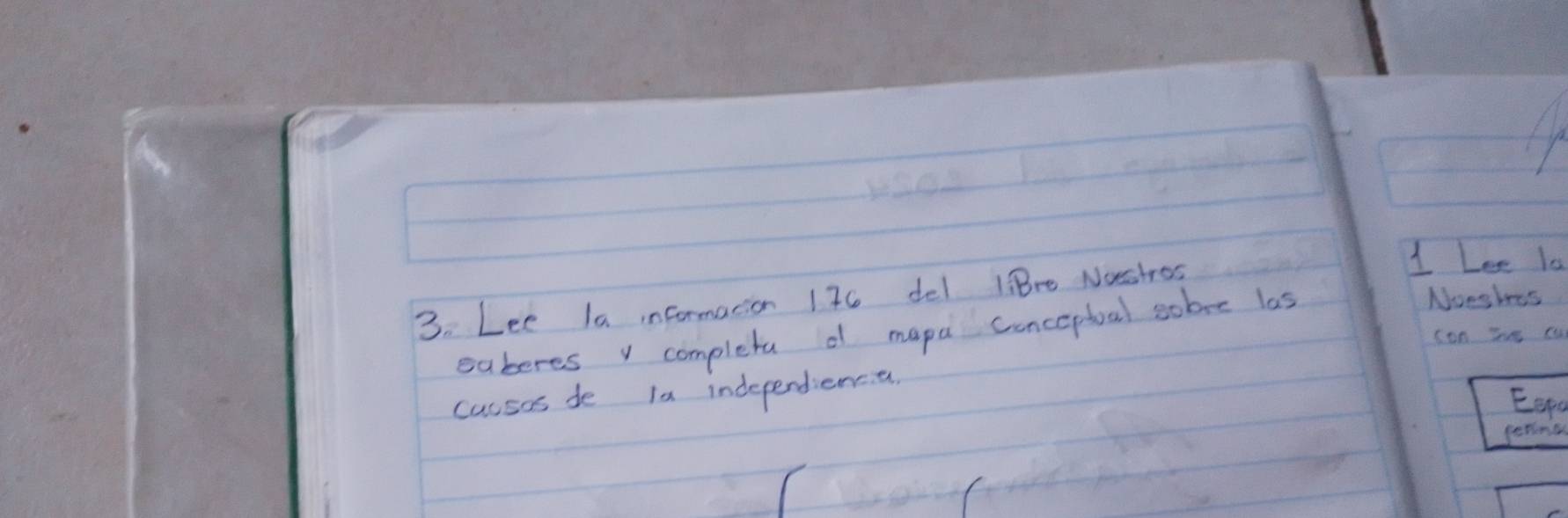 Lee la informacion 176 del liBre Nastros 
1 Lee 10 
eaberes v completa d mapa Concepboal sobve las 
Noeshres 
con I a 
casses de la independienca 
Eorg