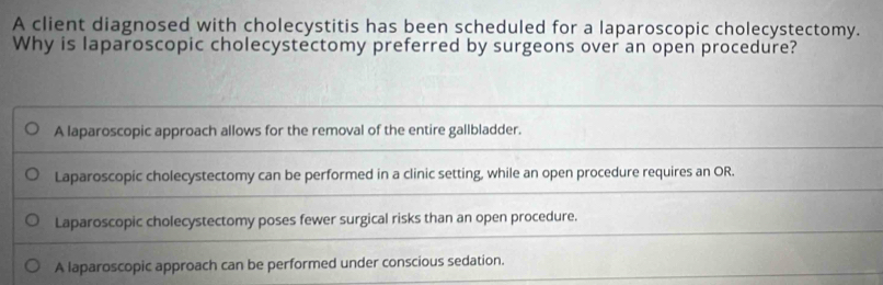 A client diagnosed with cholecystitis has been scheduled for a laparoscopic cholecystectomy.
Why is laparoscopic cholecystectomy preferred by surgeons over an open procedure?
A laparoscopic approach allows for the removal of the entire gallbladder.
Laparoscopic cholecystectomy can be performed in a clinic setting, while an open procedure requires an OR.
Laparoscopic cholecystectomy poses fewer surgical risks than an open procedure.
A laparoscopic approach can be performed under conscious sedation.