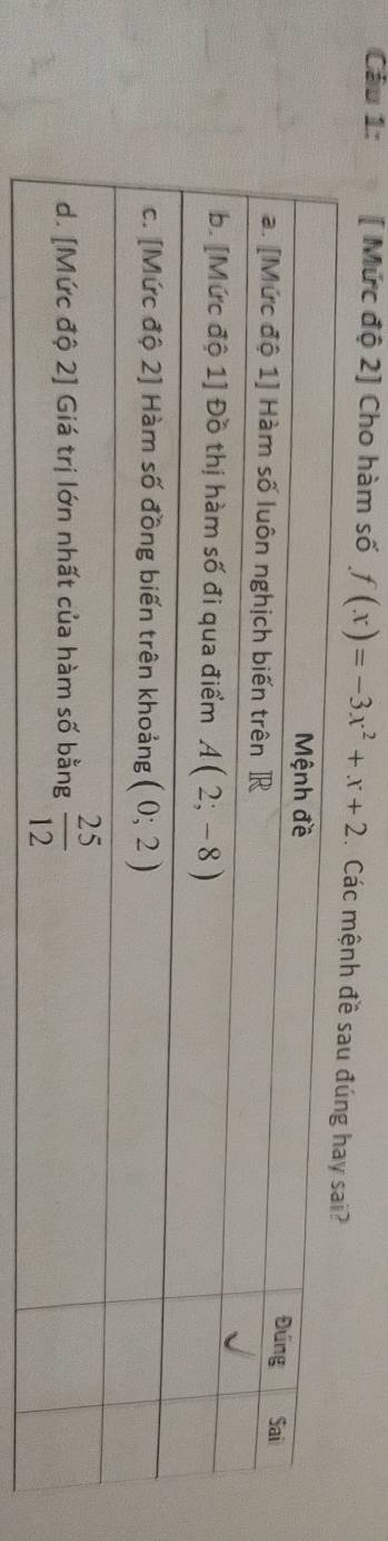 [ Mức độ 2] Cho hàm số f(x)=-3x^2+x+2. Các m