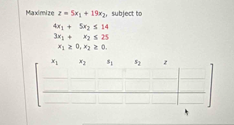 Maximize z=5x_1+19x_2 ，subject to
4x_1+5x_2≤ 14
3x_1+x_2≤ 25
x_1≥ 0,x_2≥ 0.