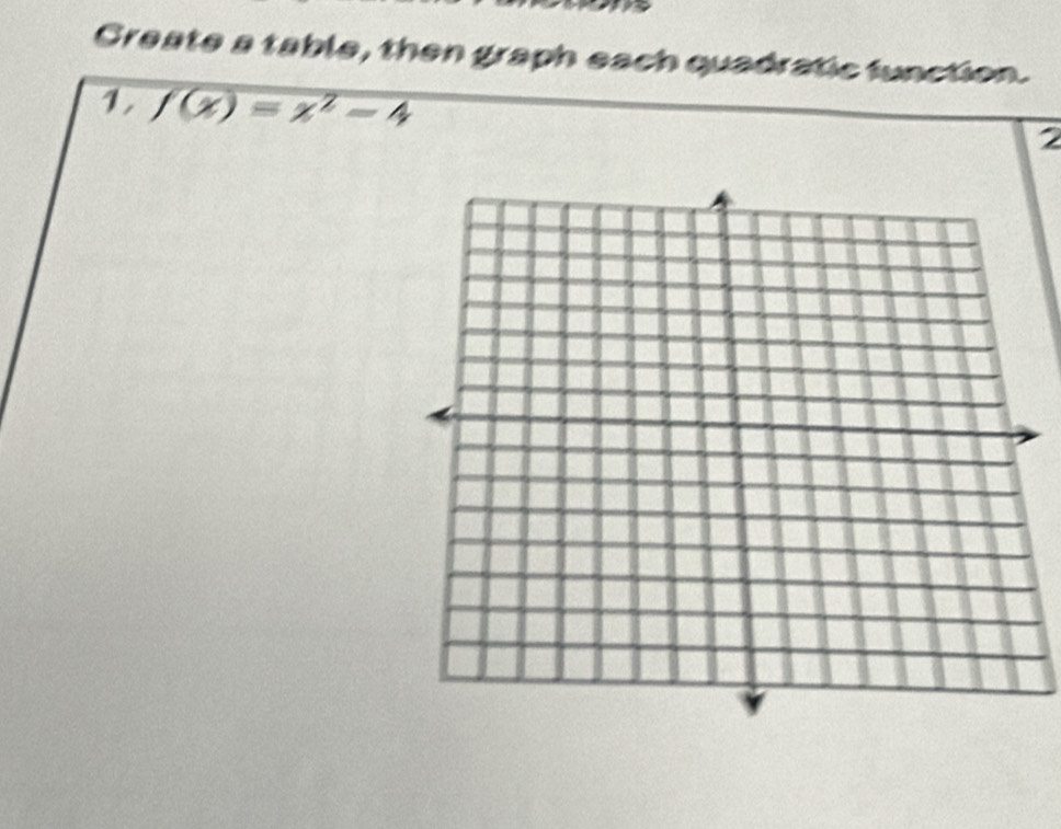 Greate a table, then graph each quadratic function. 
1, f(x)=x^2-4
2