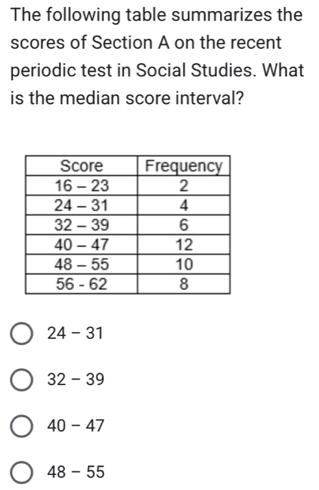 The following table summarizes the
scores of Section A on the recent
periodic test in Social Studies. What
is the median score interval?
24-31
32-39
40-47
48-55