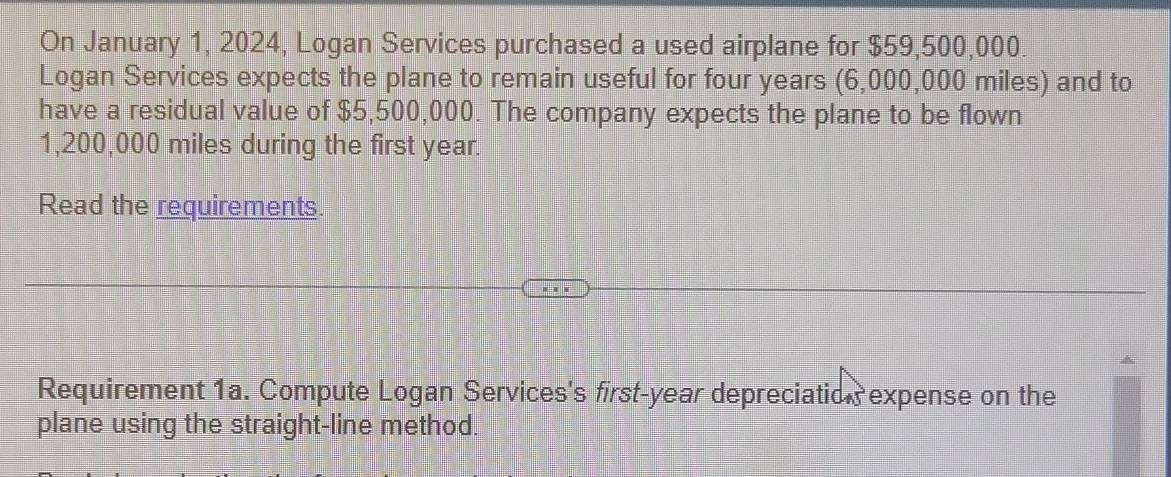 On January 1, 2024, Logan Services purchased a used airplane for $59,500,000. 
Logan Services expects the plane to remain useful for four years (6,000,000 miles) and to 
have a residual value of $5,500,000. The company expects the plane to be flown
1,200,000 miles during the first year. 
Read the requirements. 
Requirement 1a. Compute Logan Services's first-year depreciation expense on the 
plane using the straight-line method.