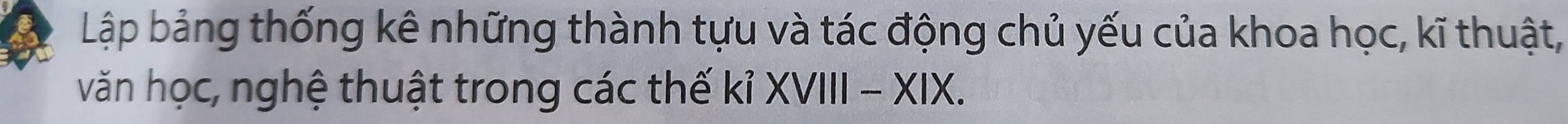 Lập bảng thống kê những thành tựu và tác động chủ yếu của khoa học, kĩ thuật, 
văn học, nghệ thuật trong các thế kỉ XVIII - XIX.