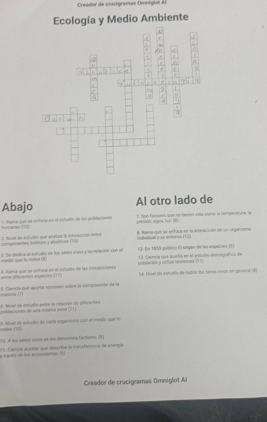 Creador de crucigramas Omniglot Al 
Ecología y Medio Ambiente 
0 
r 
C 
4 
a 
C n 。 
C G 
Abajo Al otro lado de 
1. Rama que se enfoca en el estudío de las poblaciones 7. Son factores que no tienen vida como la temperatura, la 
humanes (12) presión, agua, luz. (8) 
2. Nivel de estudio que analiza la interacción entre 8. Rama que se enfoca en la interacción de un organismo 
componentes bióticos y abióticos (10) individual y su entorno (12) 
3. Se dedica al estudio de los seres vivos y su relación con el 12. En 1859 público El origen de las especies (6) 
medio que lo rodea (3) 13. Ciencia que auxilia en el estudio demográfico de 
población y utiliza teoremas (11) 
4. Rama que se enfoca en el estudio de las interacciones 
entre diferentes espécies (11) 14. Nivel de estudio de todos los seres vivos en general (8) 
5. Ciencia que aporta nociones sobre la composición de la 
materia (7) 
6. Nivel de estudio entre la relación de diferentes 
poblaciones de una mísma zona (11) 
9. Nivel de estudio de cada organismo con el medio que lo 
rodea (10) 
10. À los sères vivos se les denomina factores: (8) 
11. Ciencia auxiliar que describe la transferencia de energía 
a través de los ecosistemas (6) 
Creador de crucigramas Omniglot Al