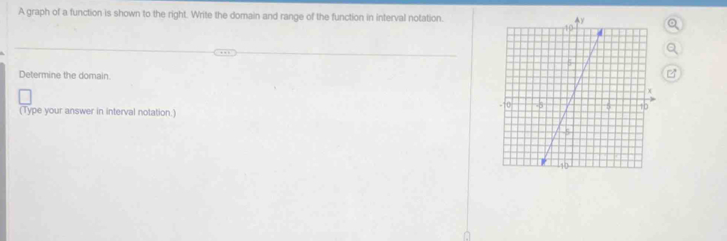 A graph of a function is shown to the right. Write the domain and range of the function in interval notation. 
Determine the domain. 
(Type your answer in interval notation.)