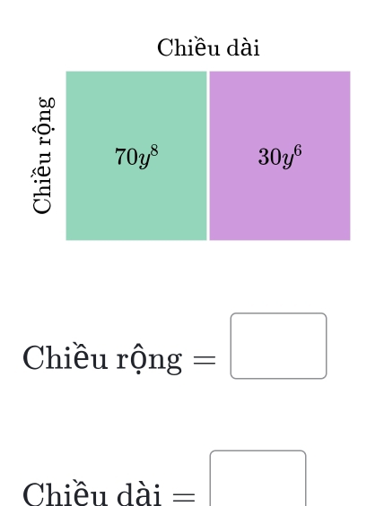 Chiều dài
70y^8
30y^6
Chieurphi ng=□ 
Chiều dài =□