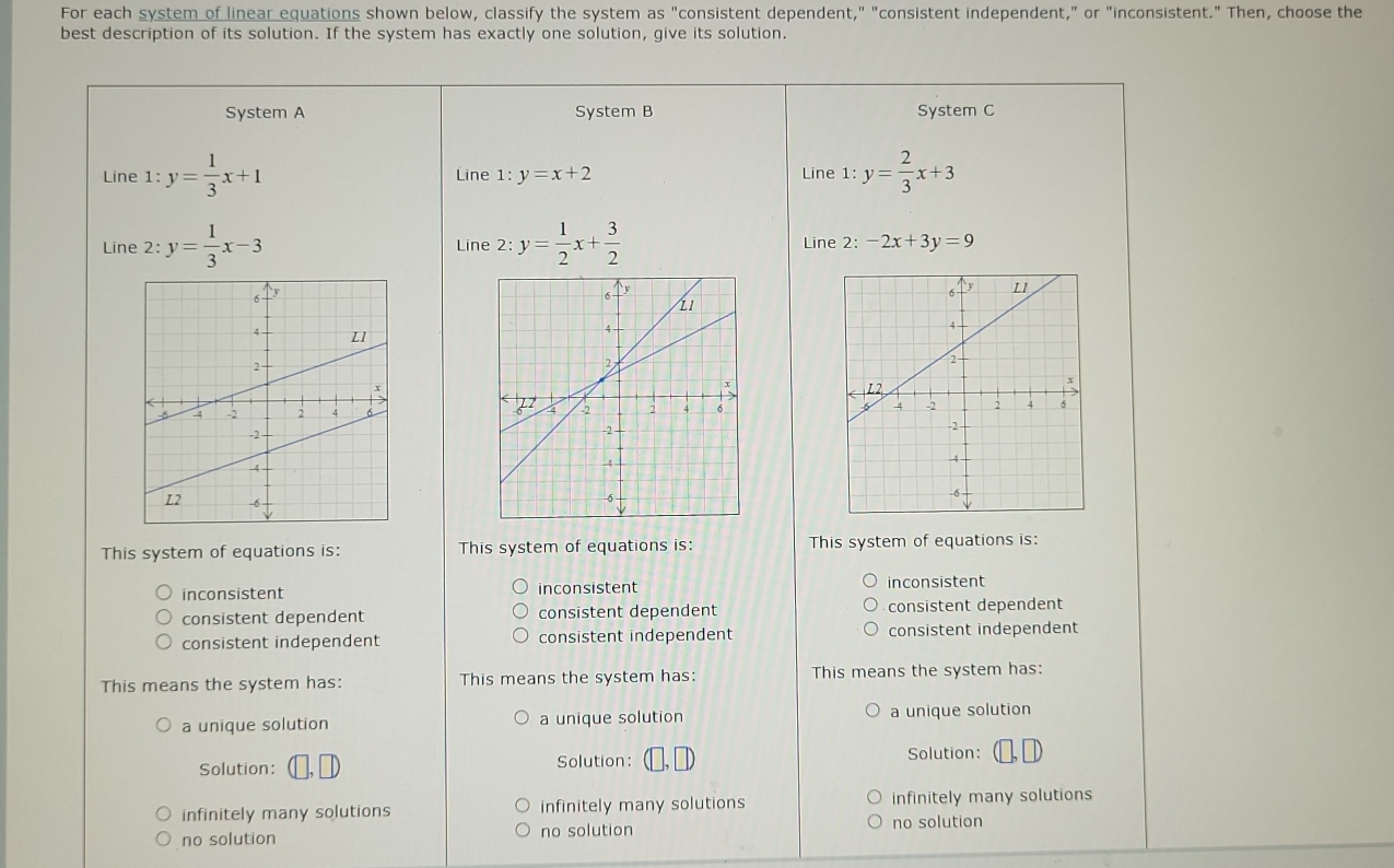 For each system of linear equations shown below, classify the system as "consistent dependent," "consistent independent," or "inconsistent." Then, choose the
best description of its solution. If the system has exactly one solution, give its solution.
System A System B System C
Line 1:y= 1/3 x+1 Line 1: y=x+2 Line 1: y= 2/3 x+3
Line 2:y= 1/3 x-3 Line 2: y= 1/2 x+ 3/2  Line 2: -2x+3y=9

This system of equations is: This system of equations is: This system of equations is:
inconsistent inconsistent inconsistent
consistent dependent consistent dependent consistent dependent
consistent independent consistent independent consistent independent
This means the system has: This means the system has: This means the system has:
a unique solution a unique solution a unique solution
Solution: Solution:
Solution:
infinitely many solutions infinitely many solutions infinitely many solutions
no solution no solution no solution