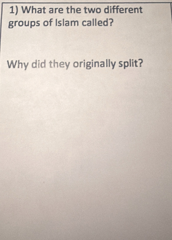 What are the two different 
groups of Islam called? 
Why did they originally split?