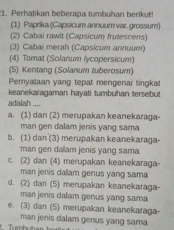 !1. Perhatikan beberapa tumbuhan berikut!
(1) Paprika (Capsicum annuum var. grossum)
(2) Cabai rawit (Capsicum frutescens)
(3) Cabai merah (Capsicum annuum)
(4) Tomat (Solanum lycopersicum)
(5) Kentang (Solanum tuberosum)
Pernyataan yang tepat mengenai tingkat
keanekaragaman hayati tumbuhan tersebut
adalah ....
a. (1) dan (2) merupakan keanekaraga-
man gen dalam jenis yang sama
b. (1) dan (3) merupakan keanekaraga-
man gen dalam jenis yang sama
c. (2) dan (4) merupakan keanekaraga-
man jenis dalam genus yang sama
d. (2) dan (5) merupakan keanekaraga-
man jenis dalam genus yang sama
e. (3) dan (5) merupakan keanekaraga-
man jenis dalam genus yang sama