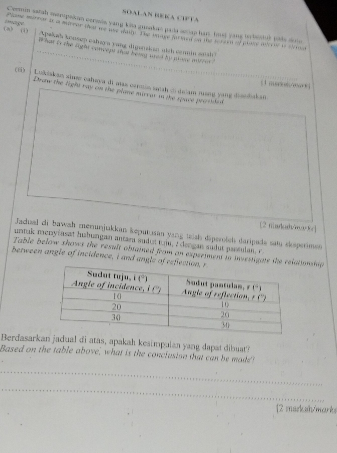 SOALAN BEKA CIPTA
Cermin satah merupakan cermin yang kita gunakan pada setiap hari. Imsj yang terbentuk pada skri
image Plane mirror is a mirror that we use daiy "The image formed on the screen of plane mirror is virium
(a) (i) Apakah konsep cahaya yang digunakan oich cermin satah
_What is the light concept that being used by plane mirror?
(ii)  Lukiskan sinar cahaya di atas cermin satah di dalam ruang yang disediakan
1  marksh/mark
Draw the light ray on the plane mirror in the space provided
[2 marksh/marks]
Jadual di bawah menunjukkan keputusan yang telah diperoleh daripada satu eksperimen
untuk menyiasat hubungan antara sudut tuju, / dengan sudut pantulan  
Table below shows the result obtained from an experiment to investigate the relationship
between angle of incidence, i and angle of reflecti
Berdasarkan jadual di atas, apakah kesimpulan yang dapat dibuat?
Based on the table above, what is the conclusion that can be made?
_
_
[2 markah/marks