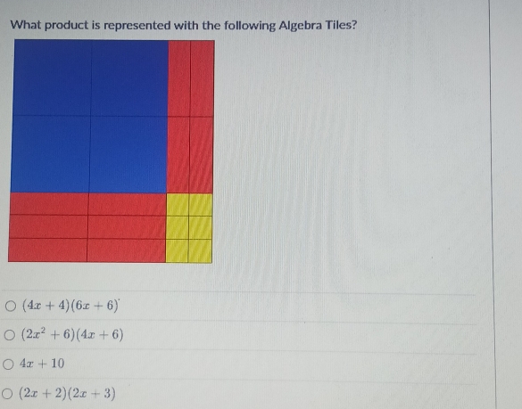 What product is represented with the following Algebra Tiles?
(4x+4)(6x+6)
(2x^2+6)(4x+6)
4x+10
(2x+2)(2x+3)