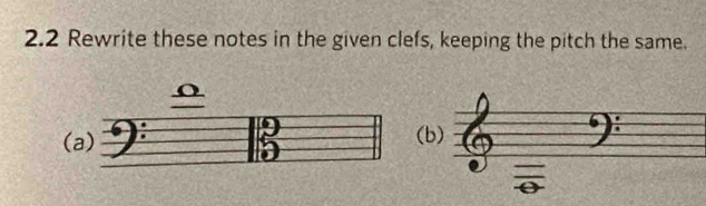 2.2 Rewrite these notes in the given clefs, keeping the pitch the same. 
o 
(b)