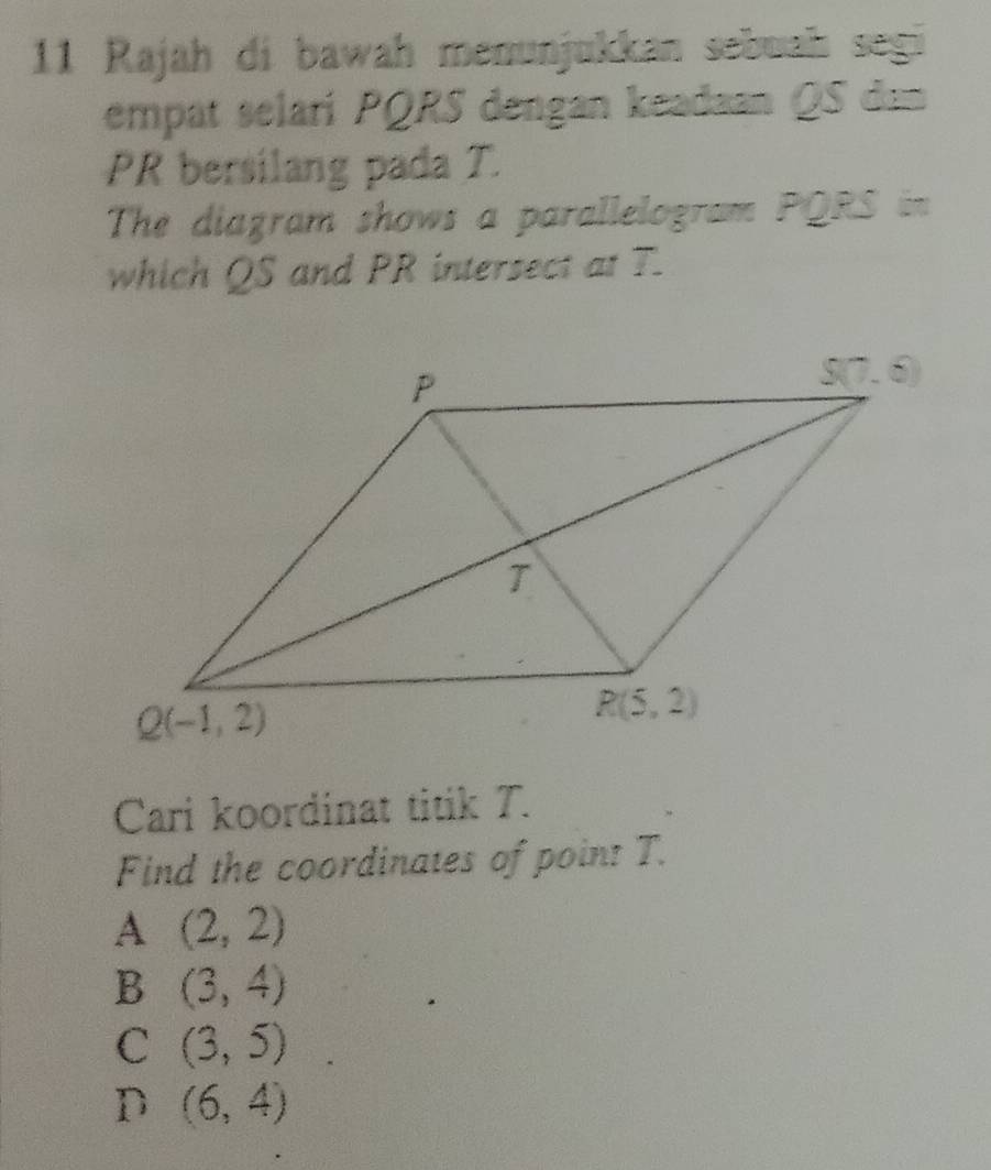 Rajah di bawah menunjukkan sebuah segi
empat selari PQRS dengan keadaan QS dan
PR bersilang pada T.
The diagram shows a parallelogram PQRS
which QS and PR intersect at T.
Cari koordinat titik T.
Find the coordinates of point T.
A (2,2)
B (3,4)
C (3,5)
D (6,4)