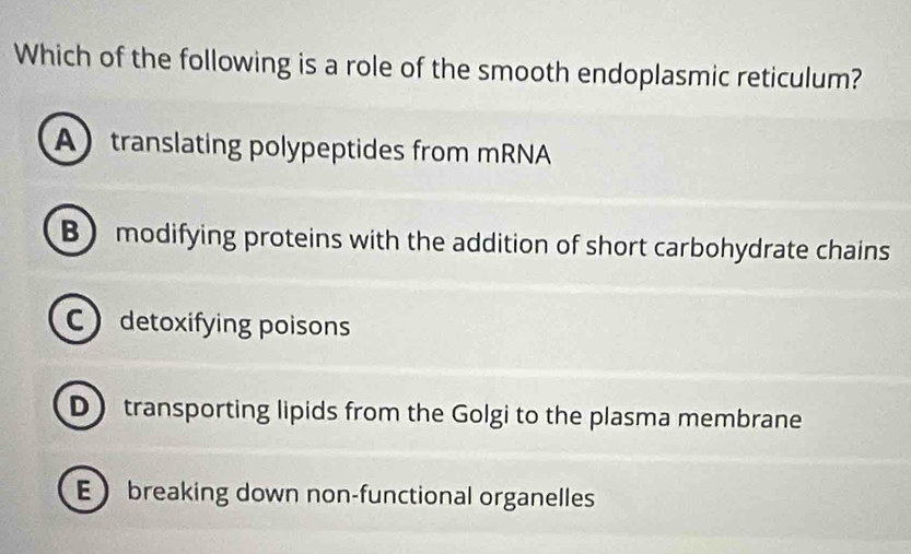 Which of the following is a role of the smooth endoplasmic reticulum?
Atranslating polypeptides from mRNA
B) modifying proteins with the addition of short carbohydrate chains
C detoxifying poisons
D transporting lipids from the Golgi to the plasma membrane
Ebreaking down non-functional organelles