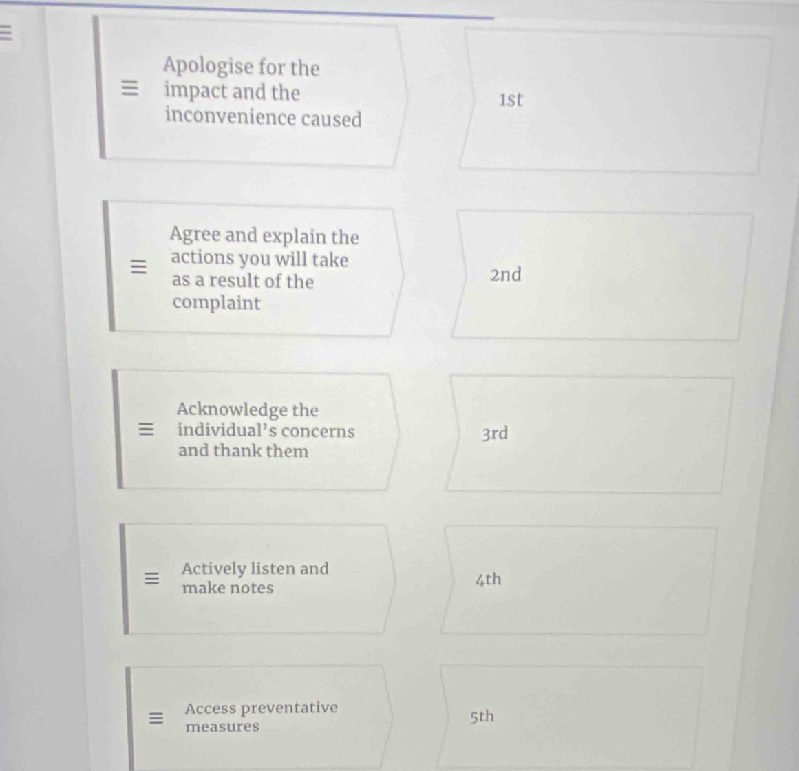 = 
Apologise for the 
≡ impact and the
1st
inconvenience caused 
Agree and explain the 
≡ actions you will take 
as a result of the
2nd
complaint 
Acknowledge the 
individual’s concerns 3rd
and thank them 
Actively listen and 
make notes
4th
Access preventative 
: measures
5th