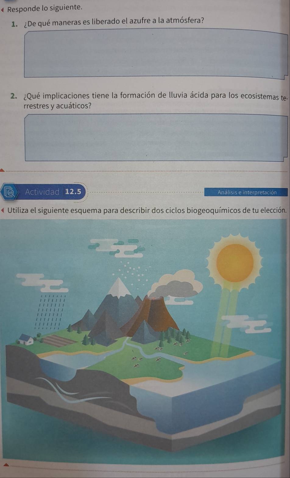 Responde lo siguiente. 
1 ¿De qué maneras es liberado el azufre a la atmósfera? 
2. ¿Qué implicaciones tiene la formación de lluvia ácida para los ecosistemas te- 
rrestres y acuáticos? 
Actividad 12.5 Análisis e interpretación 
« Utiliza el siguiente esquema para describir dos ciclos biogeoquímicos de tu elección.