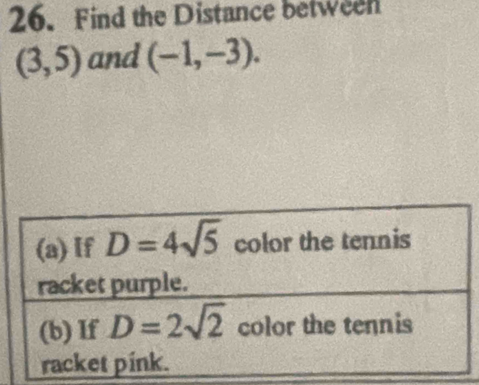 Find the Distance between
(3,5) and (-1,-3).