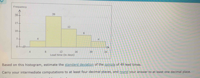 Based on this histogram, estimate the standard deviation of the sample of 48 lead times. 
Carry your intermediate computations to at least four decimal places, and round your answer to at least one decimal place.