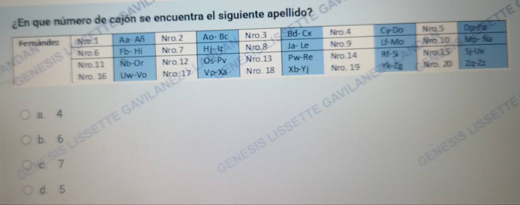 a el siguiente apellido?
VILA
a. 4
b. 6
IS LISSETTE GAVI
ISSETTE
c. 7 GEn
d. 5