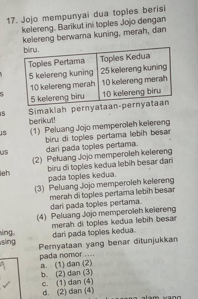 Jojo mempunyai dua toples berisi
kelereng. Barikut ini toples Jojo dengan
kelereng berwarna kuning, merah, dan
S
S Simaklah pernyata
berikut!
S (1) Peluang Jojo memperoleh kelereng
biru di toples pertama lebih besar
us dari pada toples pertama.
(2) Pełuang Jojo memperoleh kelereng
biru di toples kedua lebih besar dari
leh
pada toples kedua.
(3) Peluang Jojo memperoleh kelereng
merah di toples pertama lebih besar
dari pada toples pertama.
(4) Peluang Jojo memperoleh kelereng
merah di toples kedua lebih besar
ing,
dari pada toples kedua.
sing
Pernyataan yang benar ditunjukkan
pada nomor ....
a. (1) dan (2)
b. (2) dan (3)
c. (1) dan (4)
d. (2) dan (4)