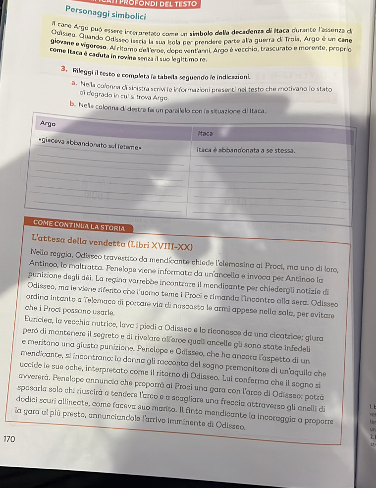 PROFONDI DEL TEST
Personaggi simbolici
Il cane Argo può essere interpretato come un simbolo della decadenza di Itaca durante l'assenza di
Odísseo. Quando Odísseo lascia la sua isola per prendere parte alla guerra di Troia, Argo è un cane
giovane e vigoroso. Al ritorno dell'eroe, dopo vent'anni, Argo è vecchio, trascurato e morente, proprio
come Itaca è caduta in rovina senza il suo legittimo re.
3. Rileggi il testo e completa la tabella seguendo le indicazioni.
a. Nella colonna di sinistra scrivi le informazioni presenti nel testo che motivano lo stato
di degrado in cui si trova Argo.
b. Nella colonna di destra fai un p
L’attesa della vendetta (Libri XVIII-XX)
Nella reggia, Odisseo travestito da mendicante chiede l'elemosina ai Proci, ma uno di loro,
Antinoo, lo maltratta. Penelope viene informata da un’ancella e invoca per Antinoo la
punizione degli dèi. La regina vorrebbe incontrare il mendicante per chiedergli notizie di
Odisseo, ma le viene riferito che l’uomo teme i Proci e rimanda l’incontro alla sera. Odisseo
ordina intanto a Telemaco di portare via di nascosto le armi appese nella sala, per evitare
che i Proci possano usarle.
Euriclea, la vecchia nutrice, lava i piedi a Odisseo e lo riconosce da una cicatrice; giura
però di mantenere il segreto e di rivelare all’eroe quali ancelle gli sono state infedeli
e meritano una giusta punizione. Penelope e Odisseo, che ha ancora l'aspetto di un
mendicante, si incontrano: la donna gli racconta del sogno premonitore di un’aquila che
uccide le sue oche, interpretato come il ritorno di Odisseo. Lui conferma che il sogno si
avvererà. Penelope annuncia che proporrà ai Proci una gara con l'arco di Odisseo: potrà
sposarla solo chi riuscirà a tendere l'arco e a scagliare una freccia attraverso gli anelli di 1.b
dodici scuri allineate, come faceva suo marito. Il finto mendicante la incoraggia a proporre te
ve
la gara al più presto, annunciandole l'arrivo imminente di Odisseo.
un
170
2.
Str