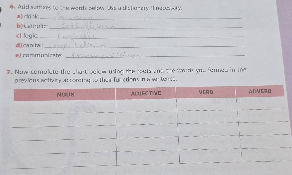 Add suffixes to the words below. Use a dictionary, if necessary. 
a) drink:_ 
b) Catholic:_ 
c) logic:_ 
d) capital:_ 
e) communicate:_ 
7. Now complete the chart below using the roots and the words you formed in the 
previous activity according to their functions in a sentence.