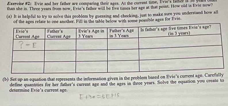 Exercise #2: Evie and her father are comparing their ages. At the current time, Evie's father is 36 years oer 
than she is. Three years from now, Evie's father will be five times her age at that point. How old is Evie now? 
(a) It is helpful to try to solve this problem by guessing and checking, just to make sure you understand how all 
of the ages relate to one another. Fill in the table below with some possible ages for Evie. 
(b) Set up an equation that represents the information given in the problem based on Evie’s current a 
define quantities for her father's current age and the ages in three years. Solve the equation you create to 
determine Evie’s current age.