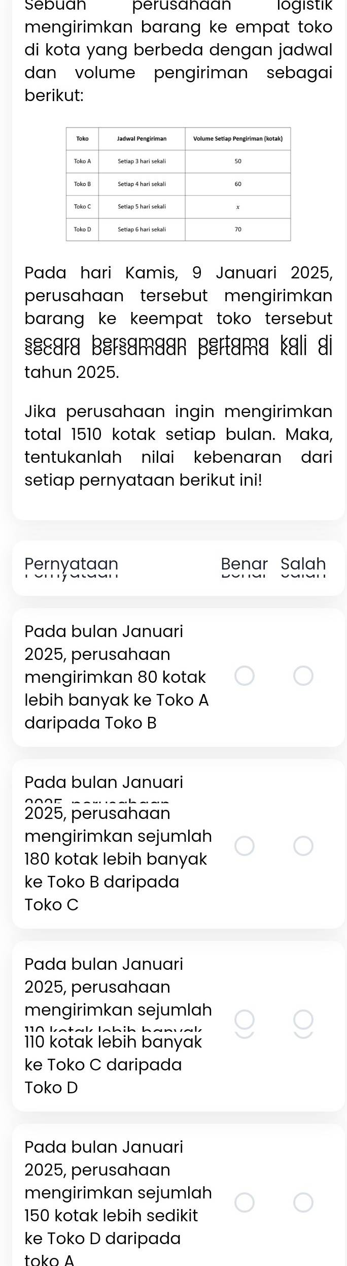 Sebuan perusahaan logistik
mengirimkan barang ke empat toko .
di kota yang berbeda dengan jadwal 
dan volume pengiriman sebagai
berikut:
Pada hari Kamis, 9 Januari 2025,
perusahaan tersebut mengirimkan
barang ke keempat toko tersebut .
§:ɛara þɛrsamaan þêrtama kali di
tahun 2025.
Jika perusahaan ingin mengirimkan
total 1510 kotak setiap bulan. Maka,
tentukanlah nilai kebenaran dari
setiap pernyataan berikut ini!
Pernyataan Benar Salah
Pada bulan Januari
2025, perusahaan
mengirimkan 80 kotak
lebih banyak ke Toko A
daripada Toko B
Pada bulan Januari
2025, perusahaan
mengirimkan sejumlah
180 kotak lebih banyak
ke Toko B daripada
Toko C
Pada bulan Januari
2025, perusahaan
mengirimkan sejumlah
110 ketak lobih banvak
110 kotak lebih banyak
ke Toko C daripada
Toko D
Pada bulan Januari
2025, perusahaan
mengirimkan sejumlah
150 kotak lebih sedikit
ke Toko D daripada
toko A