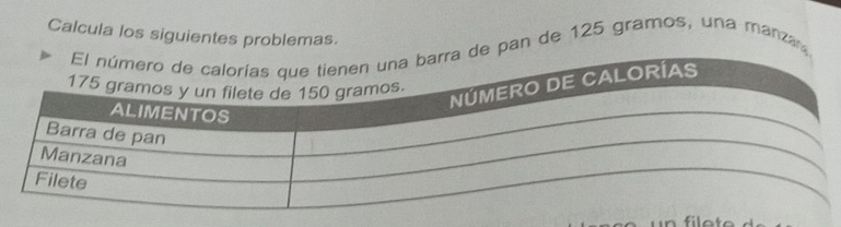 Calcula los siguientes problemas. 
an de 125 gramos, una manza