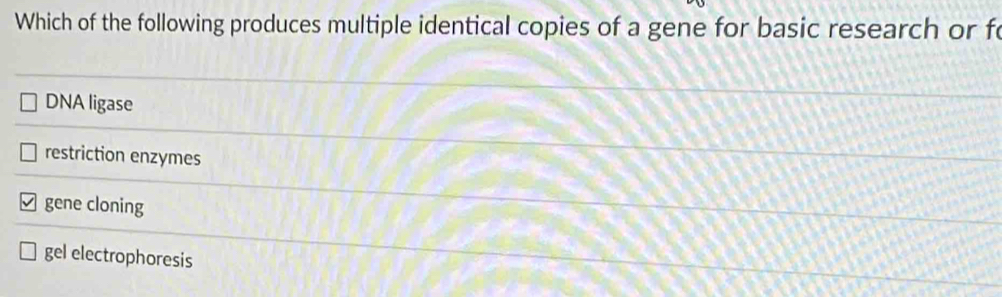 Which of the following produces multiple identical copies of a gene for basic research or f
DNA ligase
restriction enzymes
gene cloning
gel electrophoresis