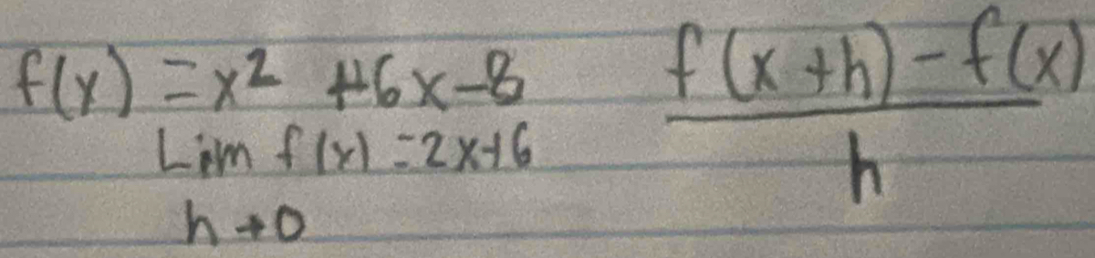 f(x)=x^2+16x-8
lim _hto 0f(x)=2x+6
 (f(x+h)-f(x))/h 