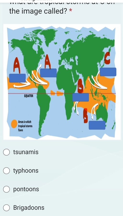 the image called? *
tsunamis
typhoons
pontoons
Brigadoons