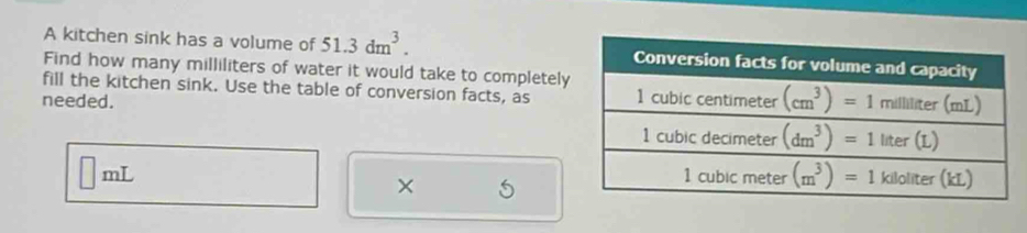 A kitchen sink has a volume of 51.3dm^3.
Find how many milliliters of water it would take to completel
fill the kitchen sink. Use the table of conversion facts, as
needed.
□ , mL 
× 5