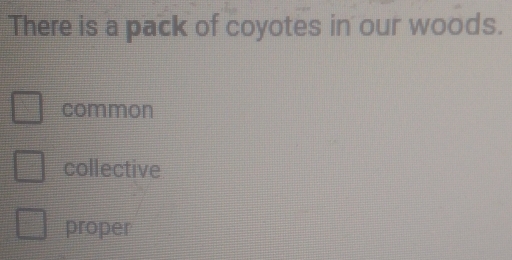 There is a pack of coyotes in our woods.
common
collective
proper