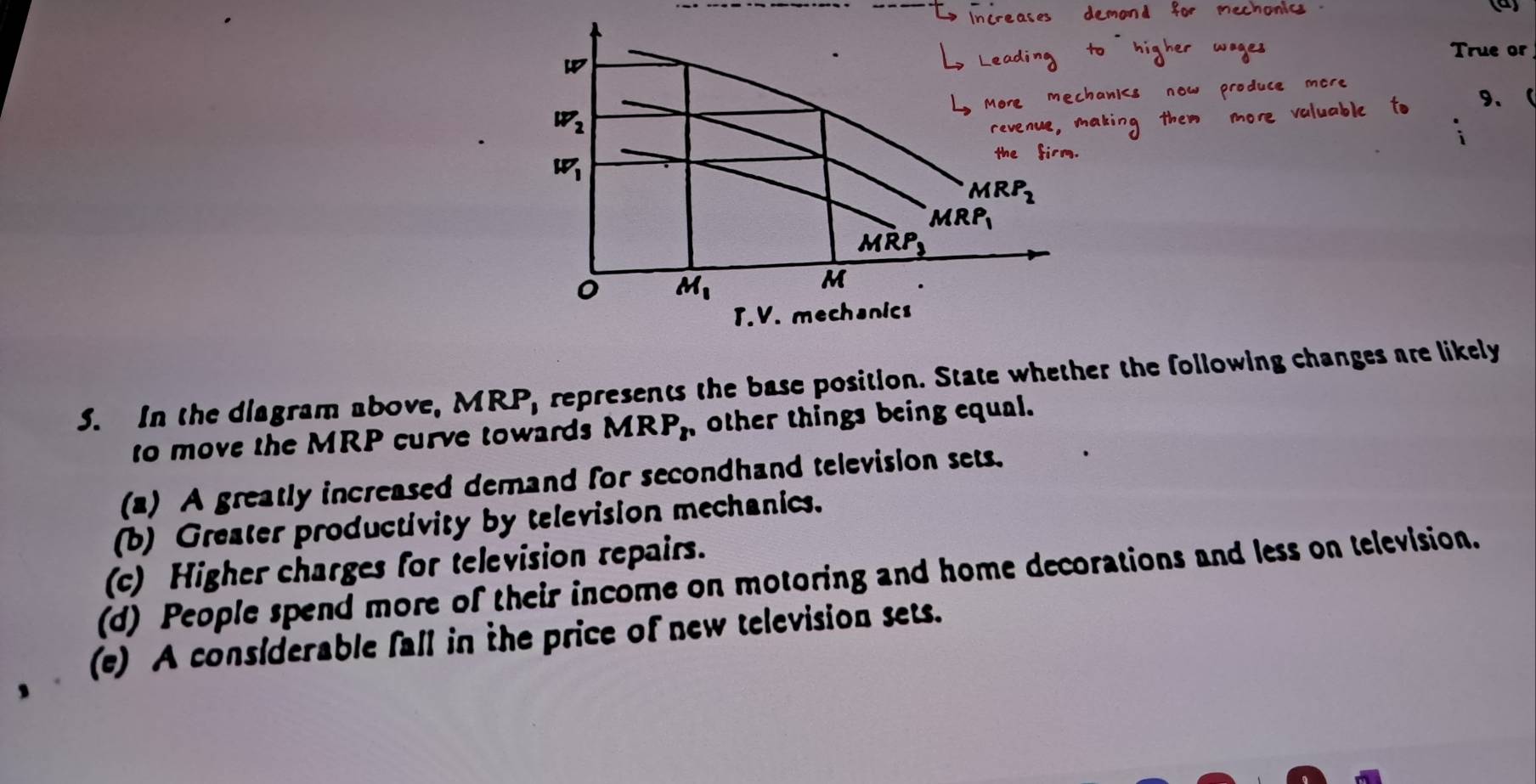 True or
9、
S. In the diagram above, MRP, represents the base position. State whether the following changes are likely
to move the MRP curve towards MR P_8 , other things being equal.
(2) A greatly increased demand for secondhand television sets.
(b) Greater productivity by television mechanics.
(c) Higher charges for television repairs.
(d) People spend more of their income on motoring and home decorations and less on television.
(e) A considerable fall in the price of new television sets.